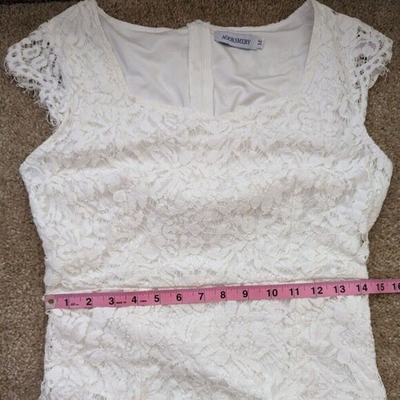 White Lace Dress Cap Sleeve Scoop Neck Medium - Picture 9 of 11